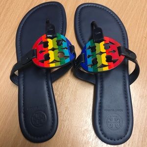 New Tory Burch Miller Navy Rainbow flat sandals size 7.5